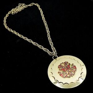 VTG Sunburst Heritage Monogram‎ Medallion Necklace Gold Tone Red Enamel Heraldic